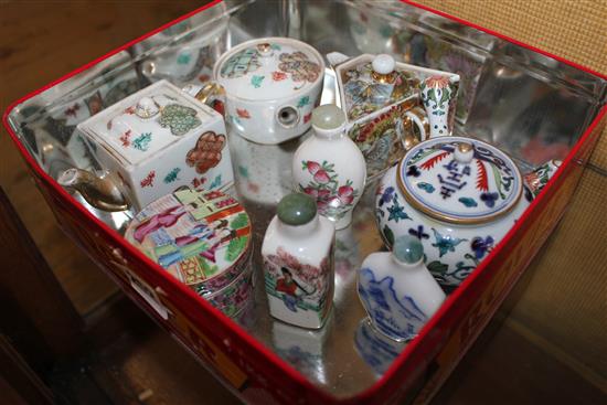 Cantonese box, 3 snuff bottles, 3 teapots, etc